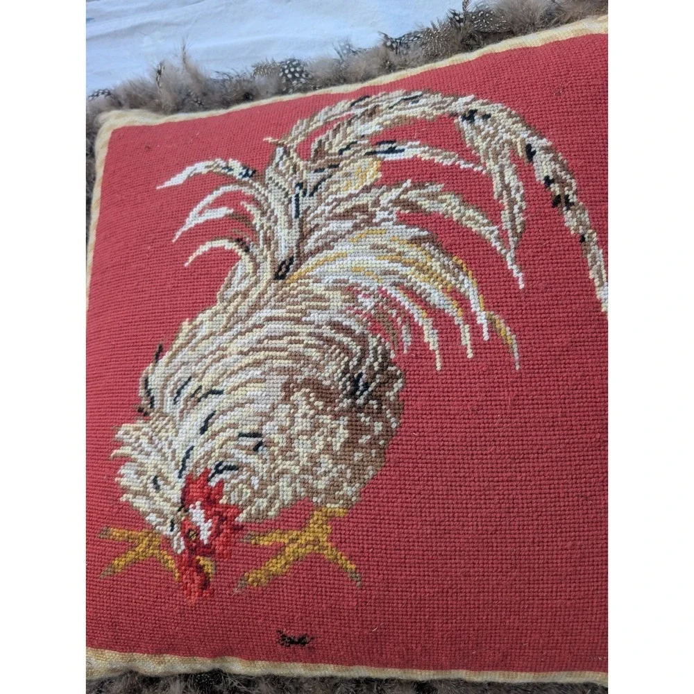 Square Needlepoint Chicken Rooster Pillow Trimmed In Real Feathers Farmhouse